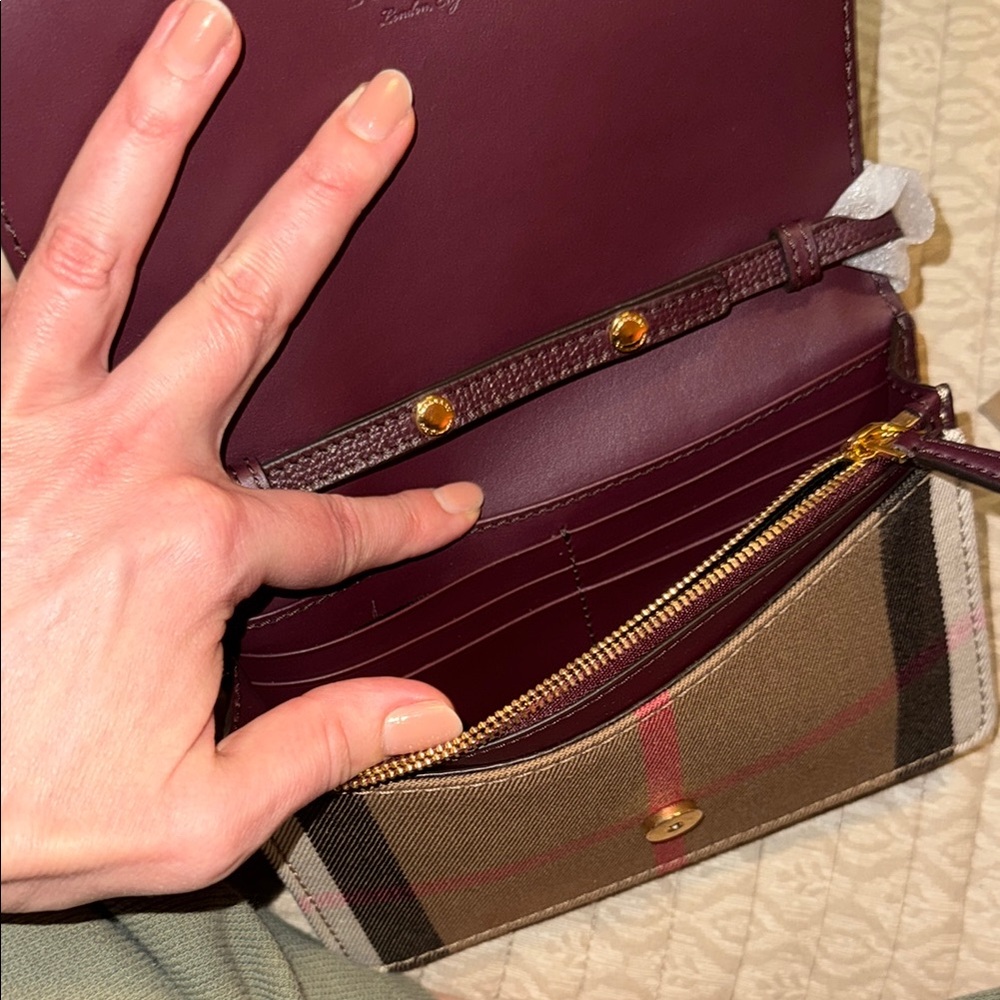 Burberry Burgundy Leather & Vintage Check Mini Crossbody - Picture 8 of 13
